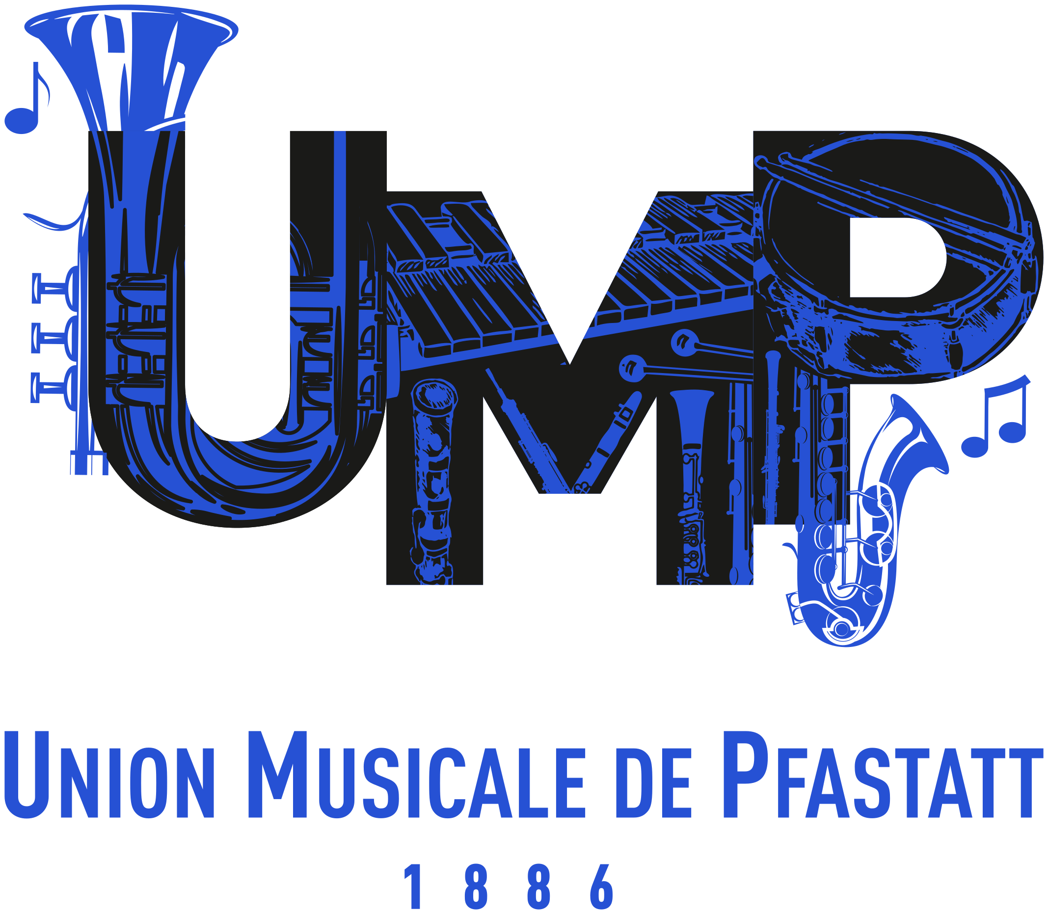 logo de l'Union musicale de Pfastatt, lettres U M P avec instruments de musique en bleu