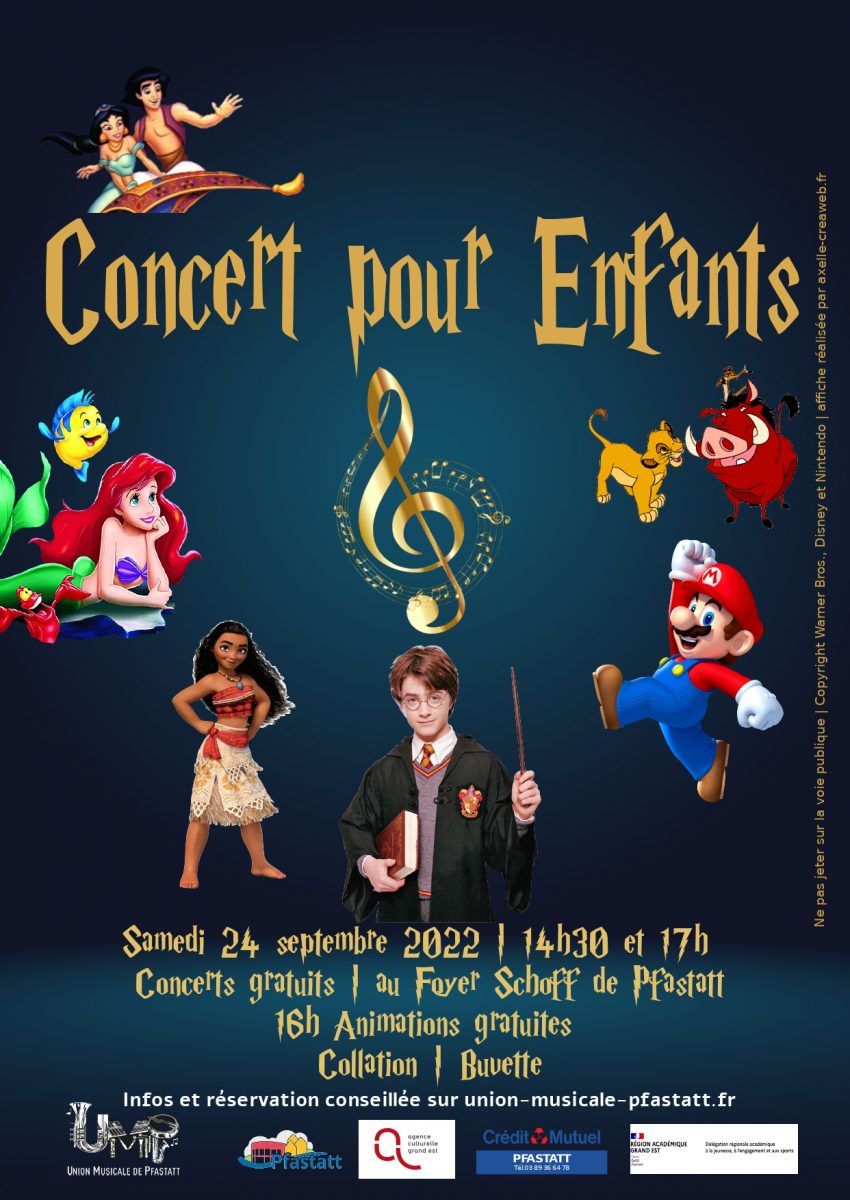 Affiche du concert gratuit pour enfant avec les images d'Harry Potter, Ariel, Vaiana, Aladdin, le roi lion